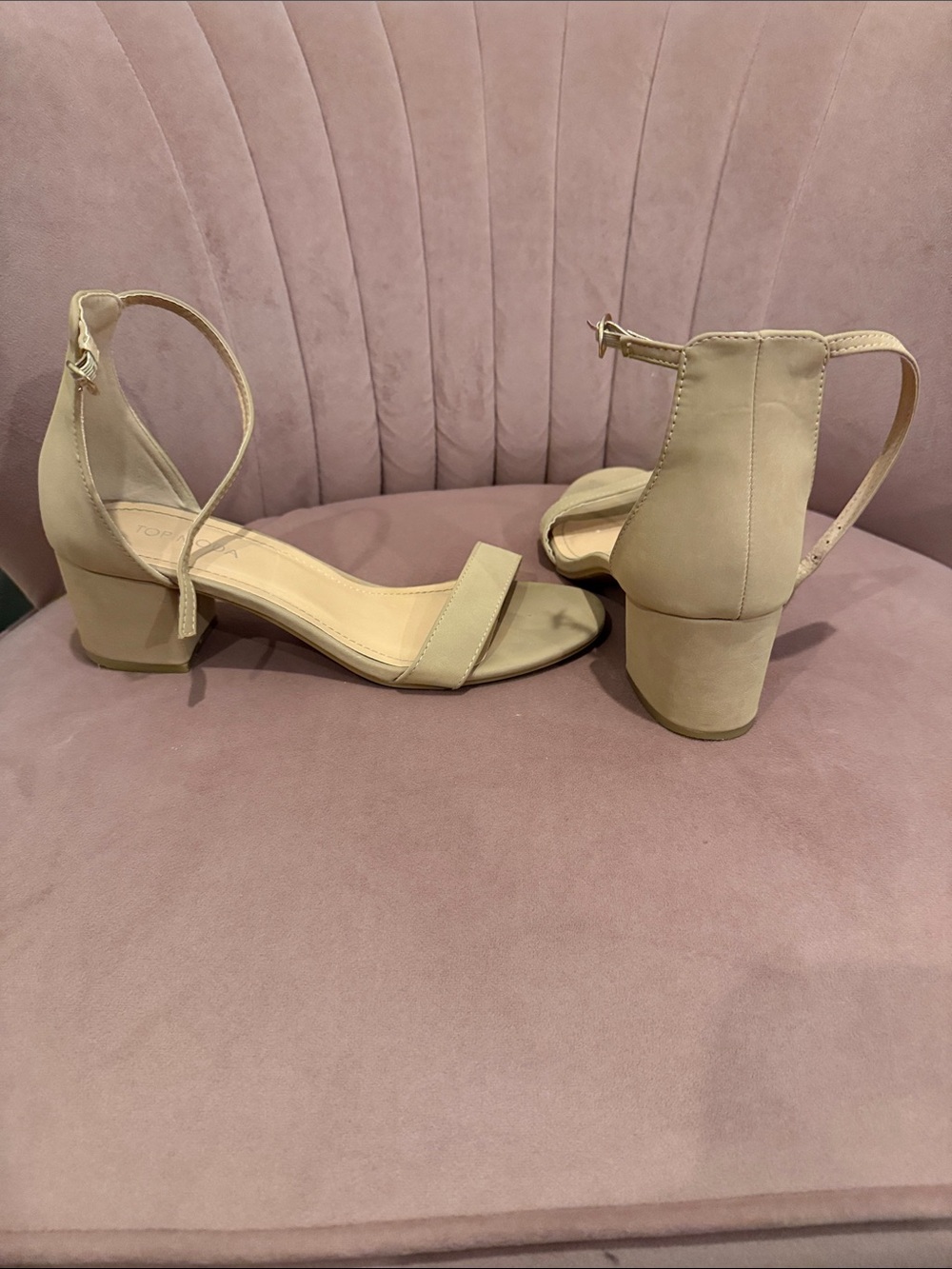 Classic Ankle-Strap Block Heel Sandals in Beige